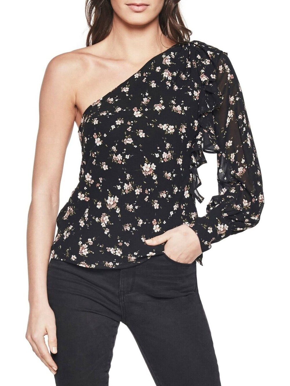 New! Bardot Floral Chiffon One Shoulder Ruffle Blouse Black Pink Size Medium